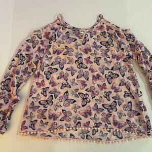Epic Threads pink and navy butterfly print top, with bare shoulders. girl's XL